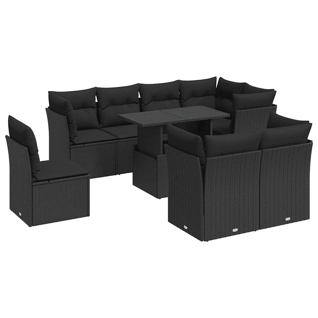 Set mobilier de grădină cu perne, 9 piese, negru, poliratan