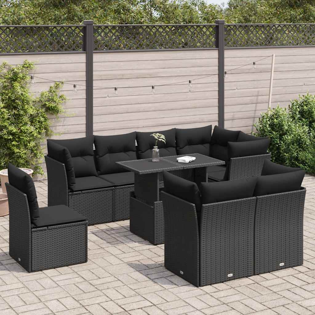 Set mobilier de grădină cu perne, 9 piese, negru, poliratan