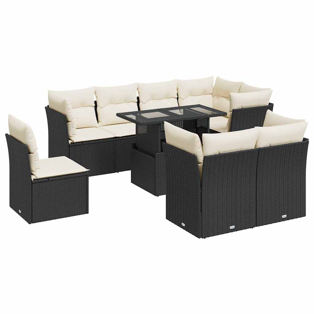 Set mobilier de grădină cu perne, 9 piese, negru, poliratan