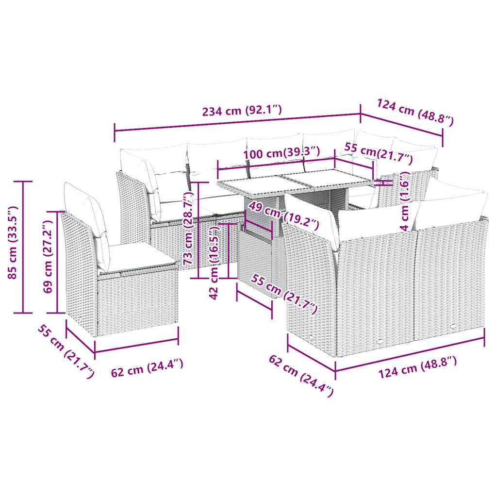 Set mobilier de grădină cu perne, 9 piese, negru, poliratan