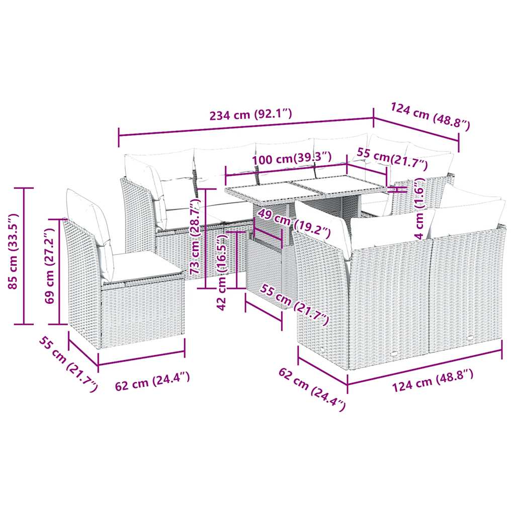 Set canapele de grădină cu perne, 9 piese, maro, poliratan