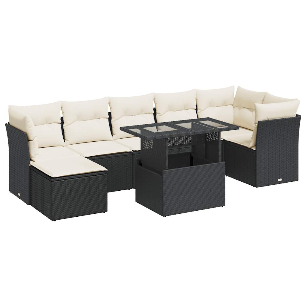 Set mobilier de grădină cu perne, 8 piese, negru, poliratan