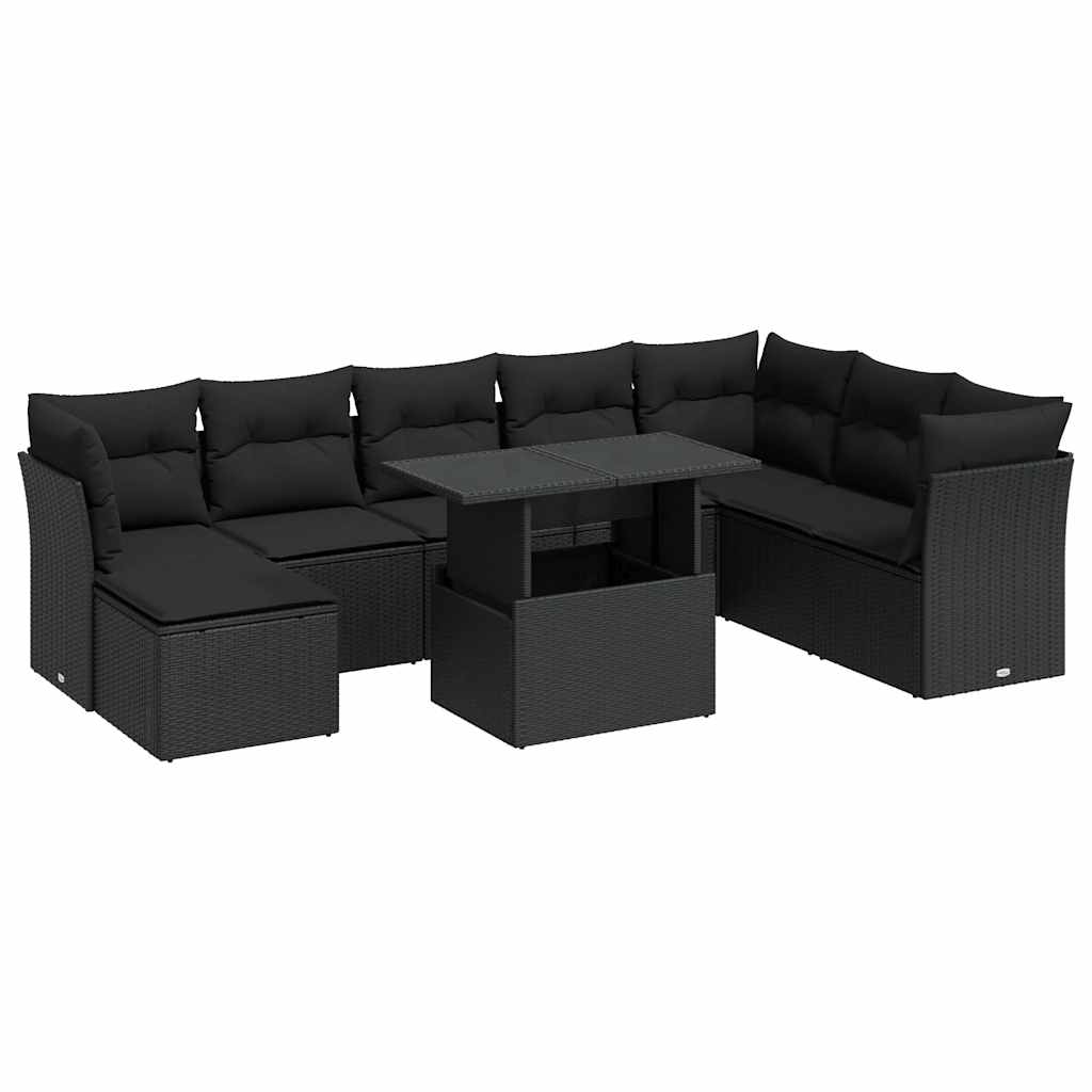 Set mobilier de grădină cu perne, 9 piese, negru, poliratan