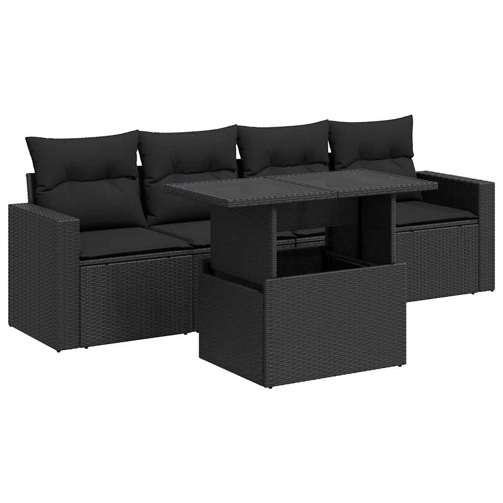 Set mobilier de grădină cu perne, 5 piese, negru, poliratan