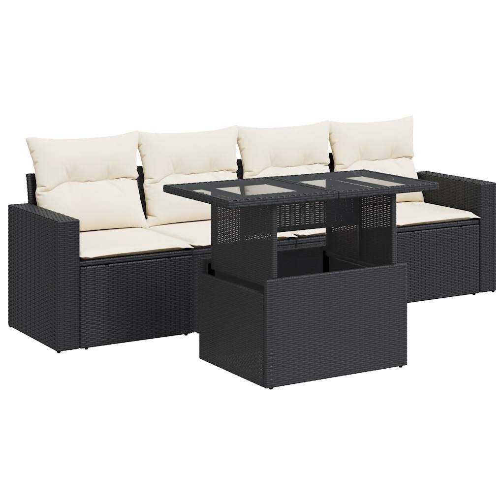 Set mobilier de grădină cu perne, 5 piese, negru, poliratan