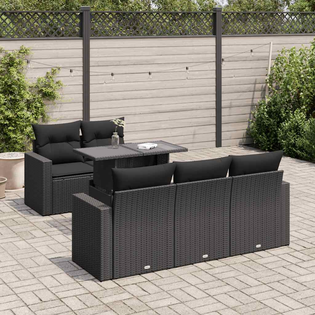 Set mobilier de grădină cu perne, 6 piese, negru, poliratan