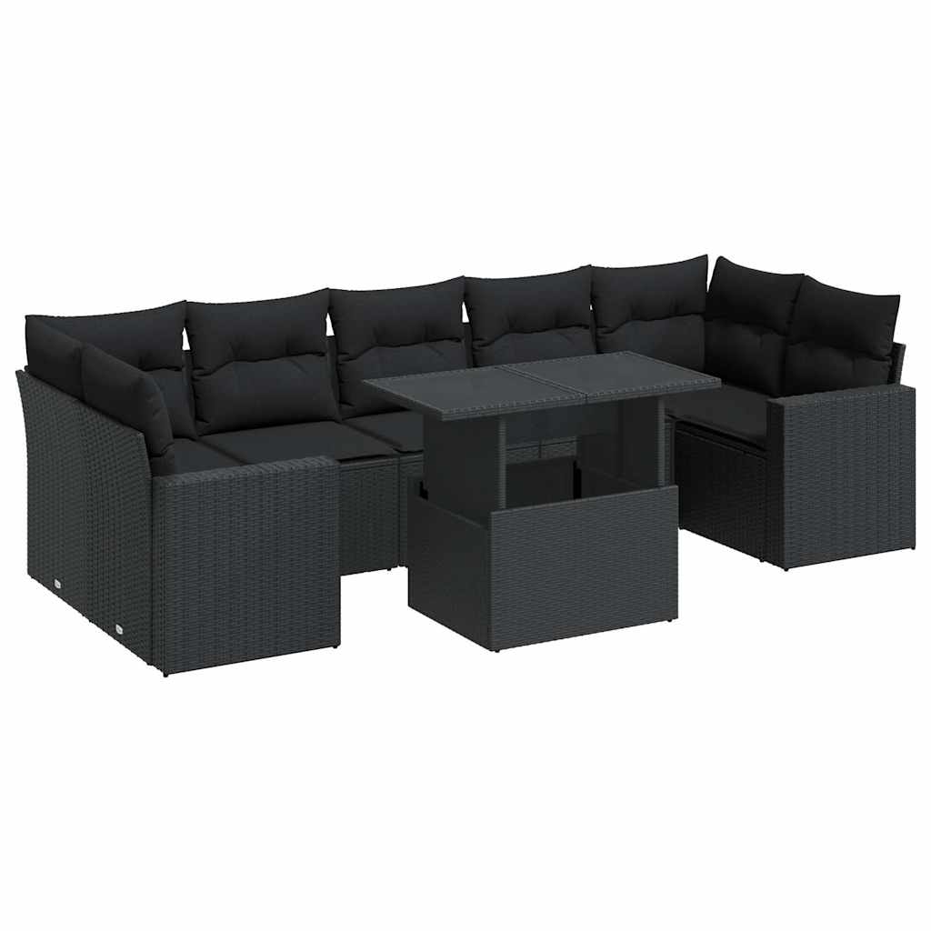 Set mobilier de grădină cu perne, 8 piese, negru, poliratan