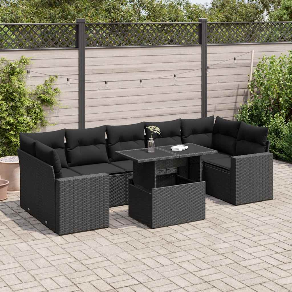 Set mobilier de grădină cu perne, 8 piese, negru, poliratan