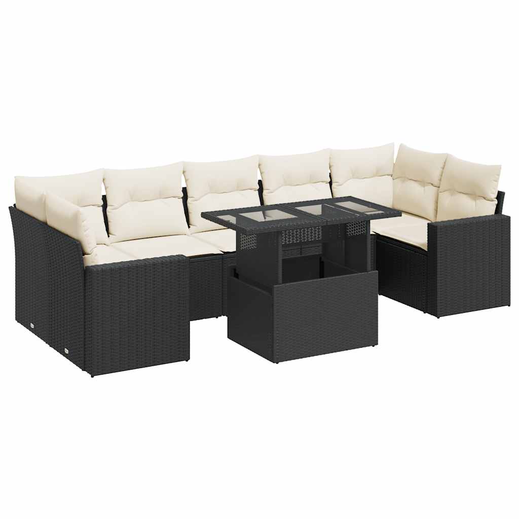 Set mobilier de grădină cu perne, 8 piese, negru, poliratan