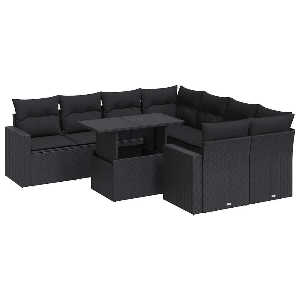 Set mobilier de grădină cu perne, 9 piese, negru, poliratan