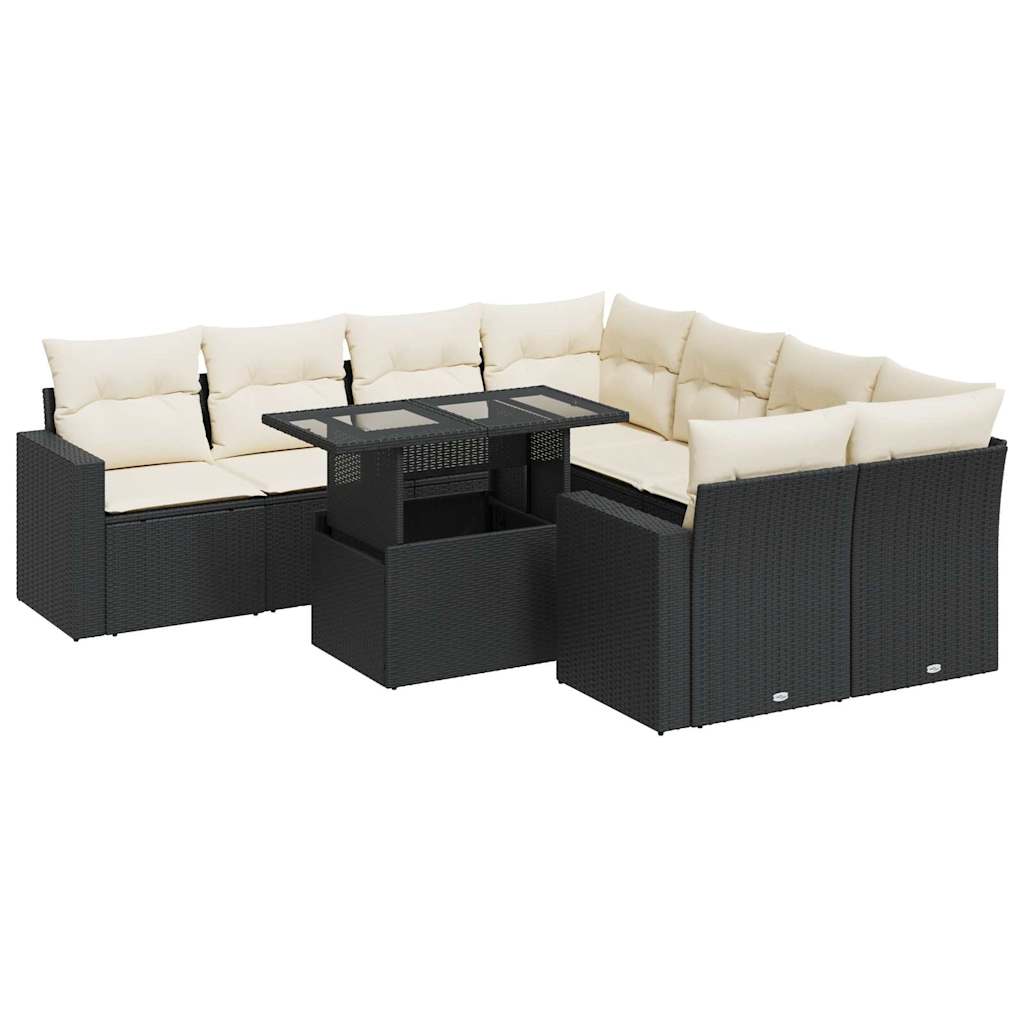 Set mobilier de grădină cu perne, 9 piese, negru, poliratan