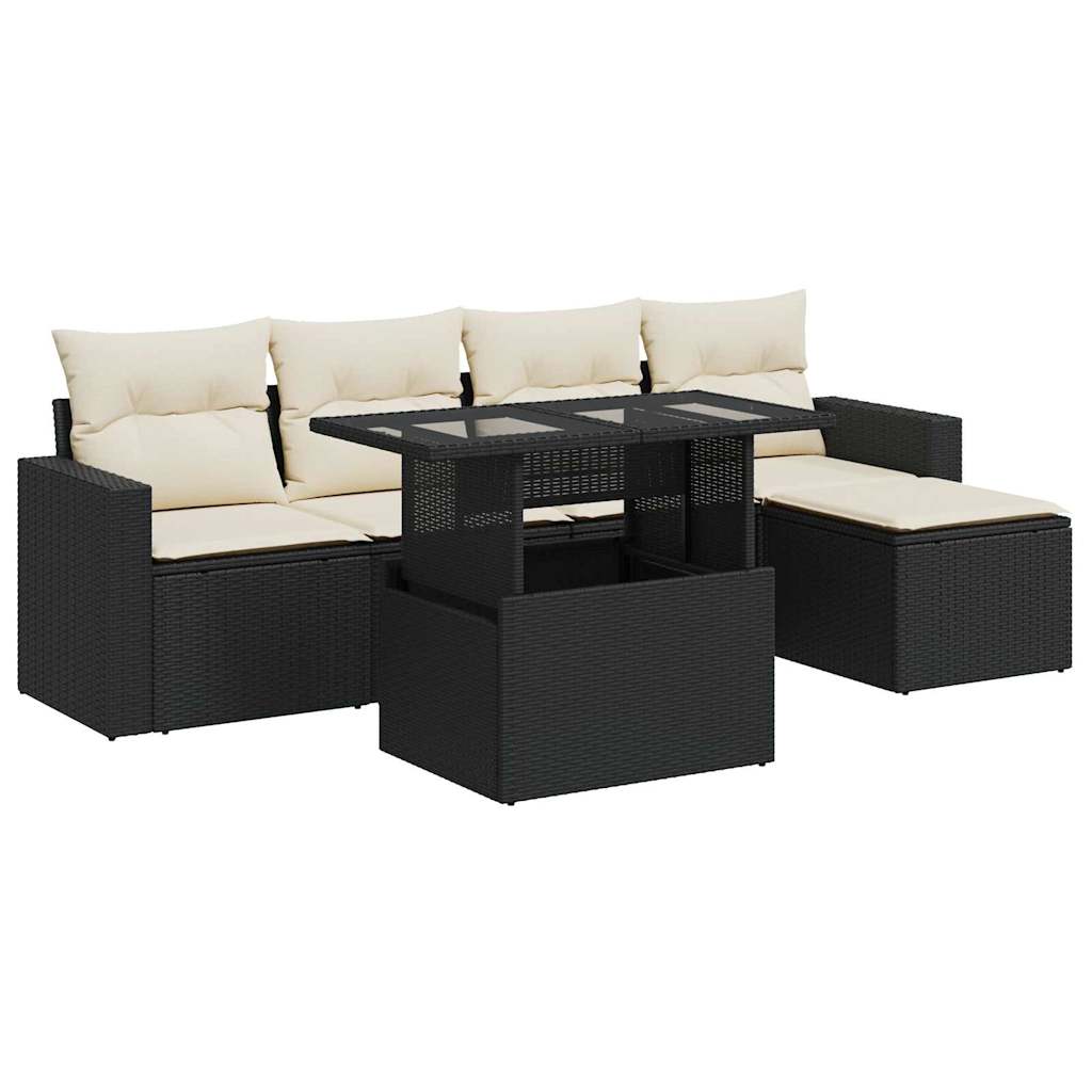 Set mobilier de grădină cu perne, 6 piese, negru, poliratan