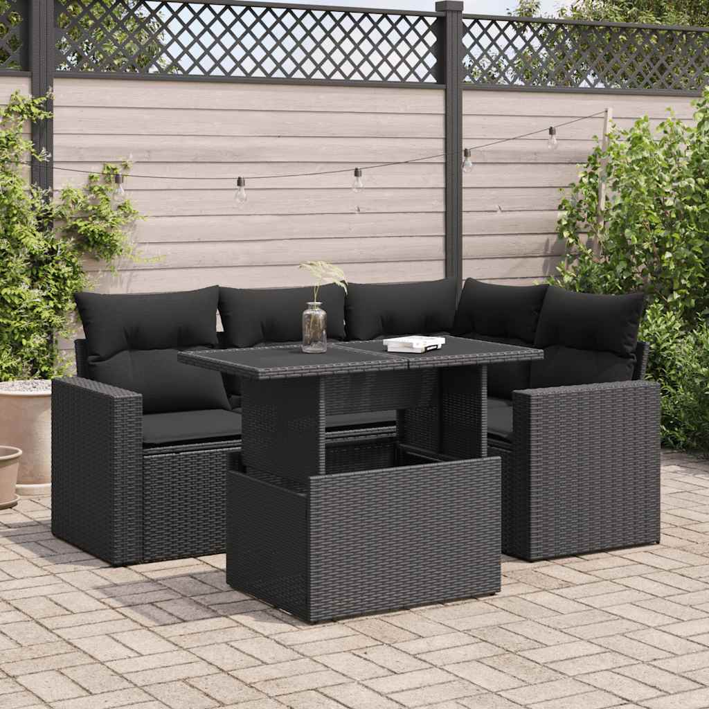 Set mobilier de grădină cu perne, 5 piese, negru, poliratan