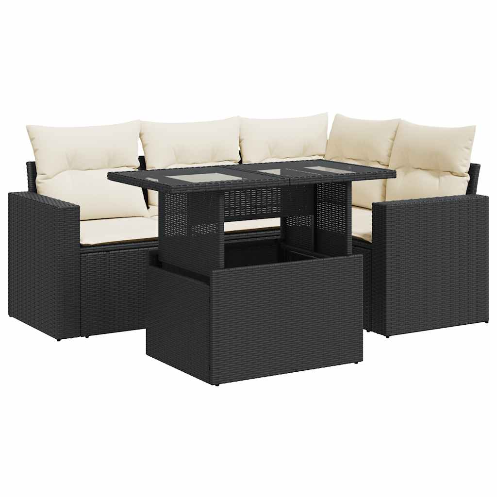 Set mobilier de grădină cu perne, 5 piese, negru, poliratan