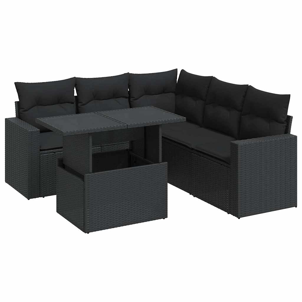 Set mobilier de grădină cu perne, 6 piese, negru, poliratan