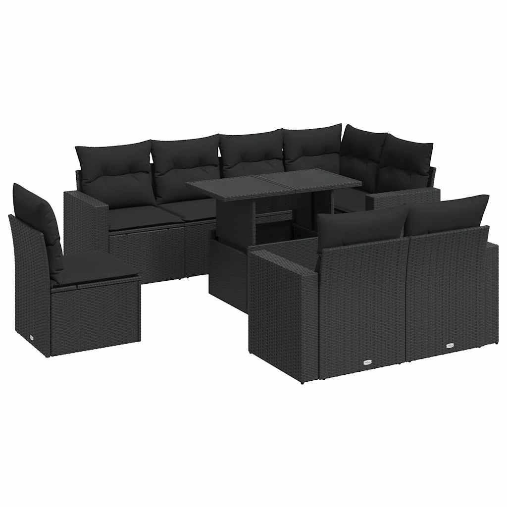 Set mobilier de grădină cu perne, 9 piese, negru, poliratan