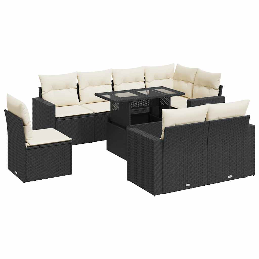 Set mobilier de grădină cu perne, 9 piese, negru, poliratan