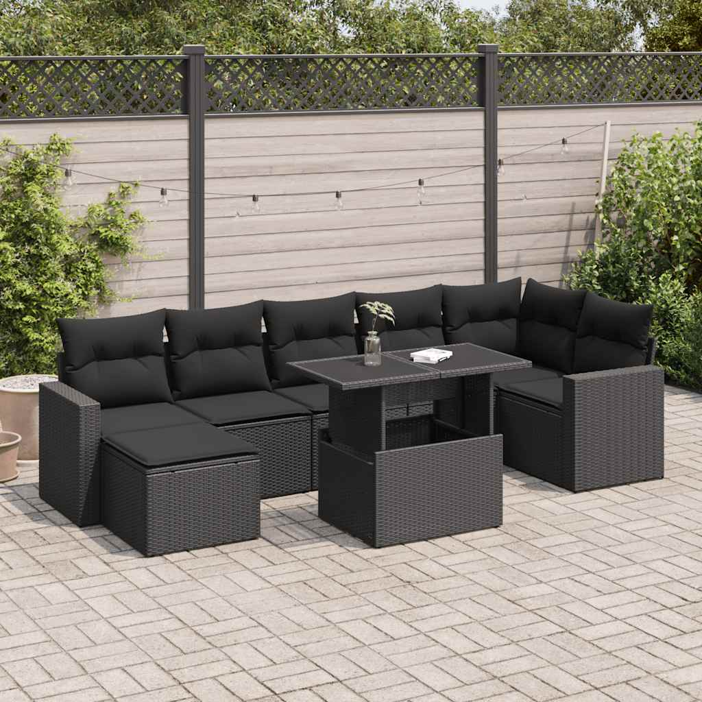 Set mobilier de grădină cu perne, 8 piese, negru, poliratan