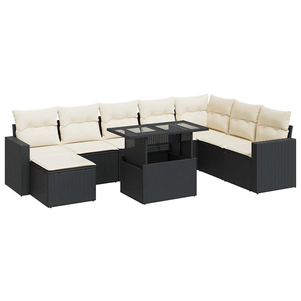 Set mobilier de grădină cu perne, 9 piese, negru, poliratan