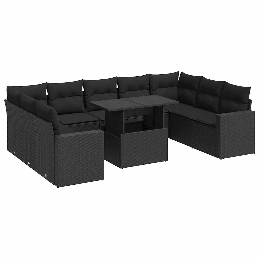 Set canapele de grădină cu perne, 10 piese, negru, poliratan