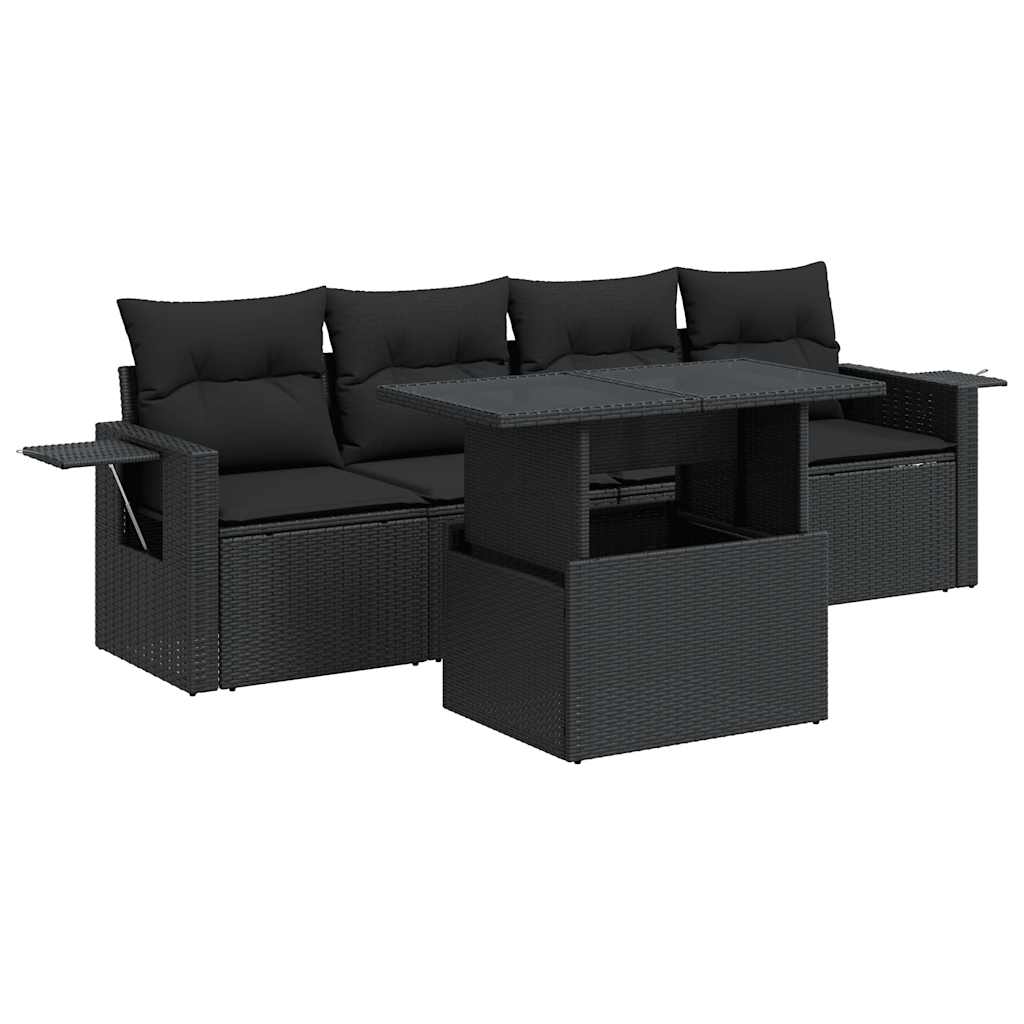 Set mobilier de grădină cu perne, 5 piese, negru, poliratan