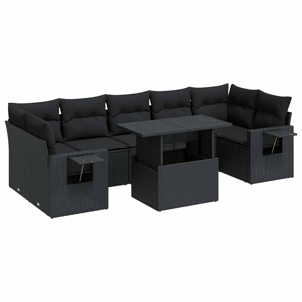 Set mobilier de grădină cu perne, 8 piese, negru, poliratan