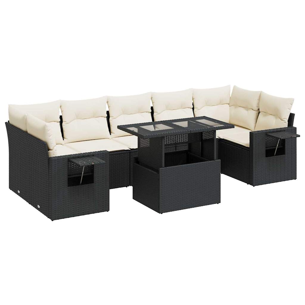 Set mobilier de grădină cu perne, 8 piese, negru, poliratan