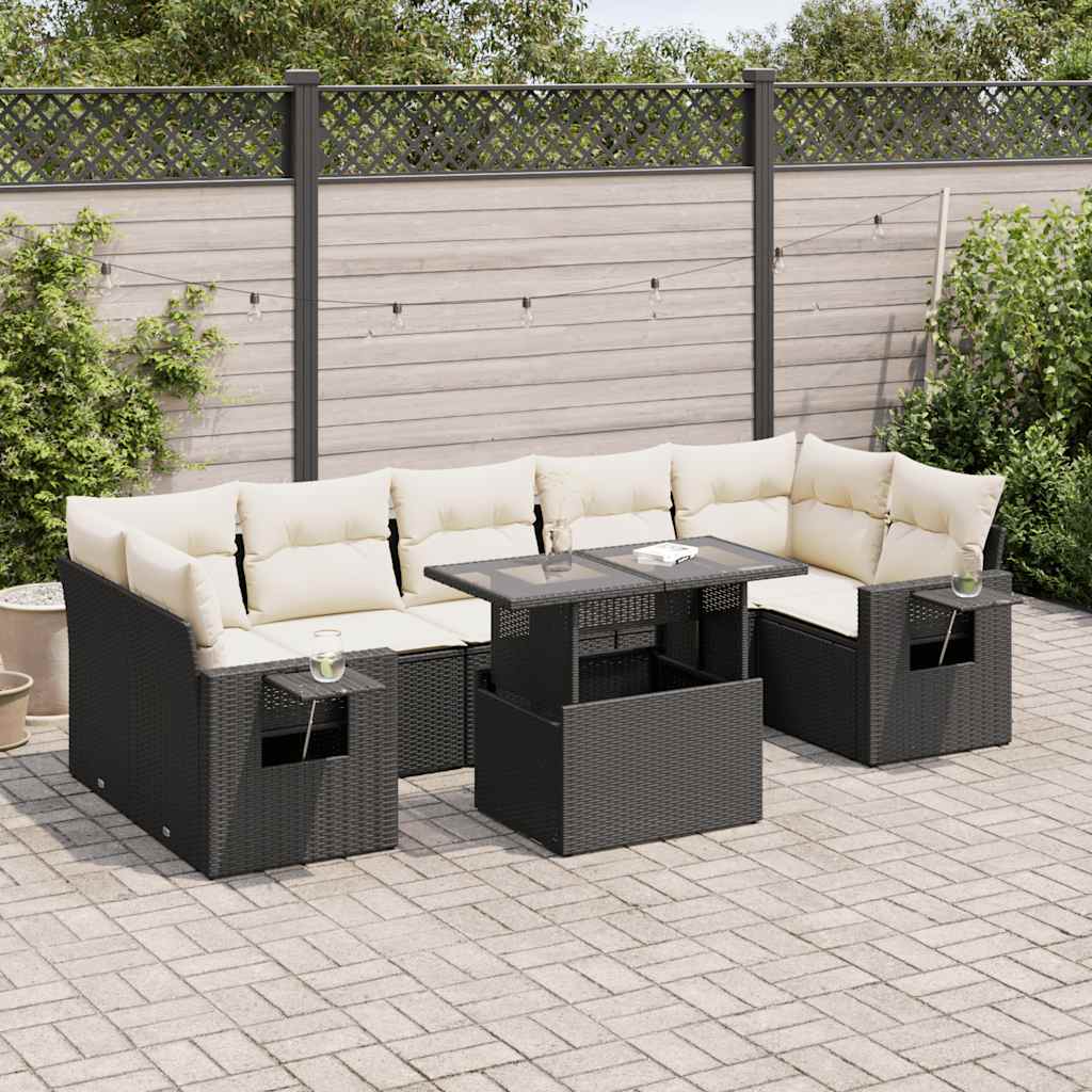 Set mobilier de grădină cu perne, 8 piese, negru, poliratan