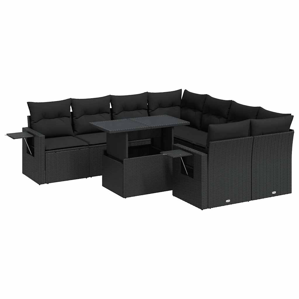 Set mobilier de grădină cu perne, 9 piese, negru, poliratan