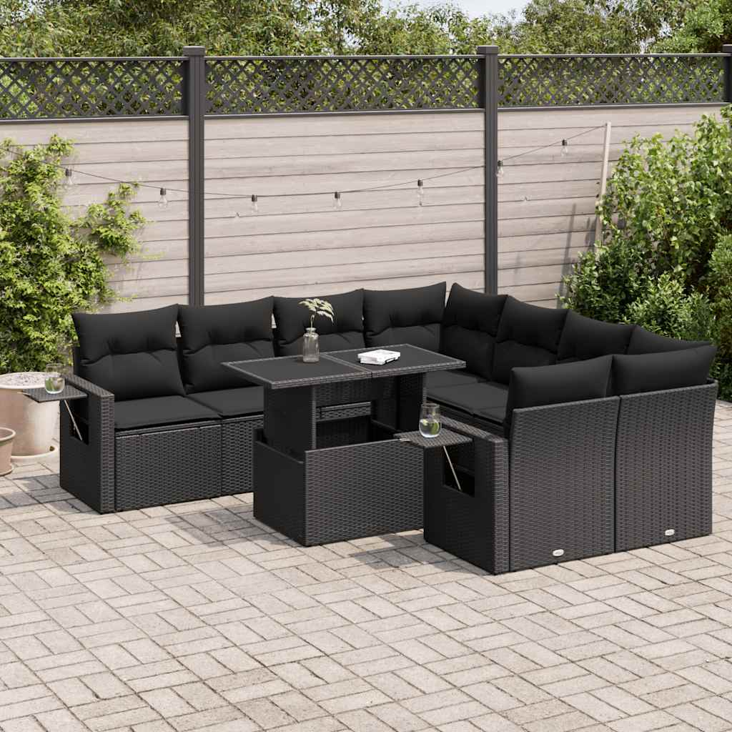 Set mobilier de grădină cu perne, 9 piese, negru, poliratan