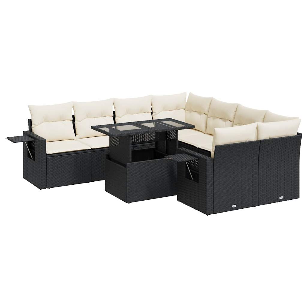 Set mobilier de grădină cu perne, 9 piese, negru, poliratan