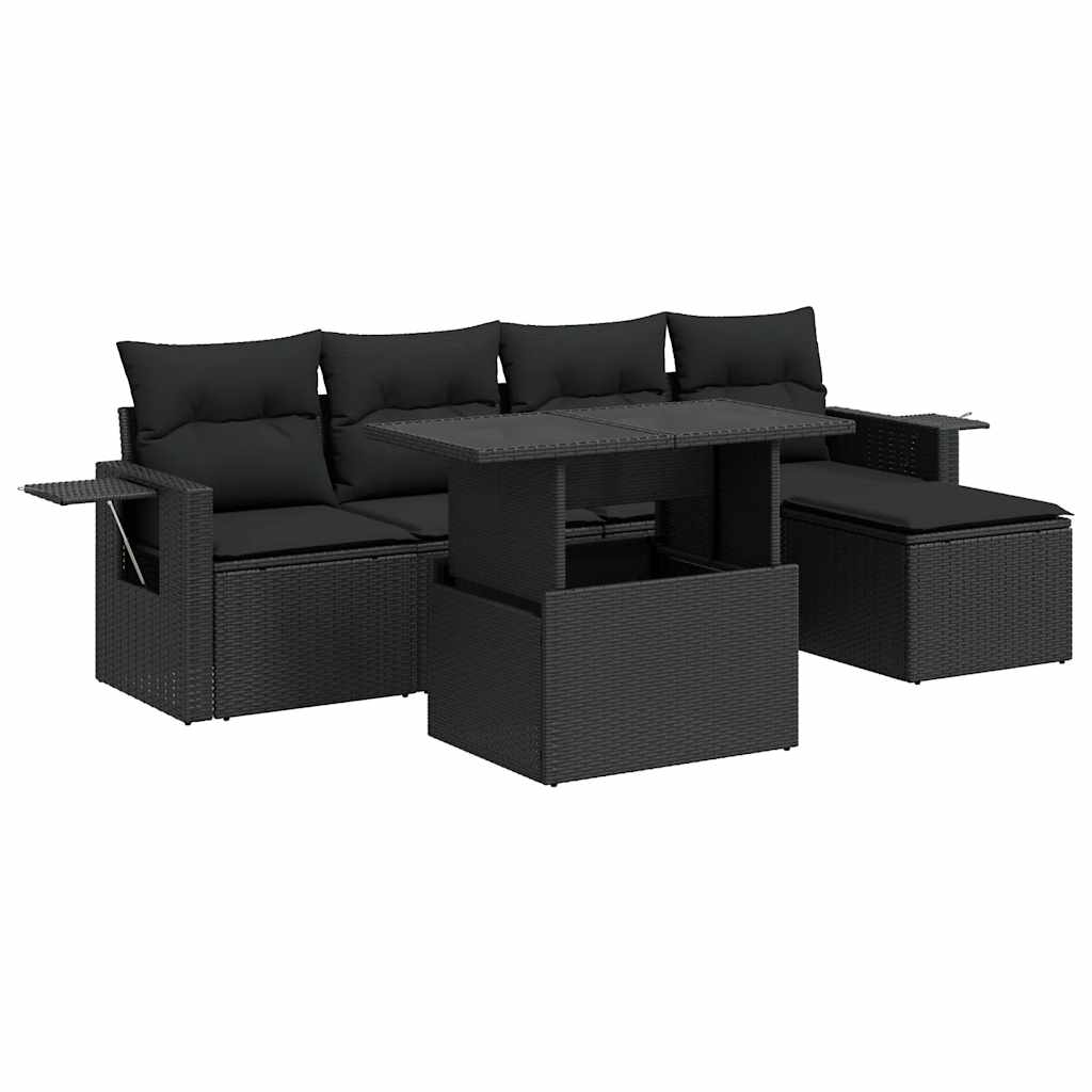 Set mobilier de grădină cu perne, 6 piese, negru, poliratan