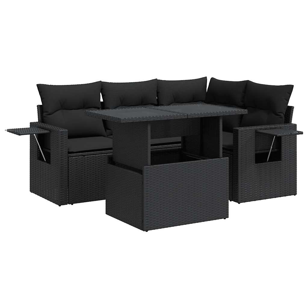 Set mobilier de grădină cu perne, 5 piese, negru, poliratan