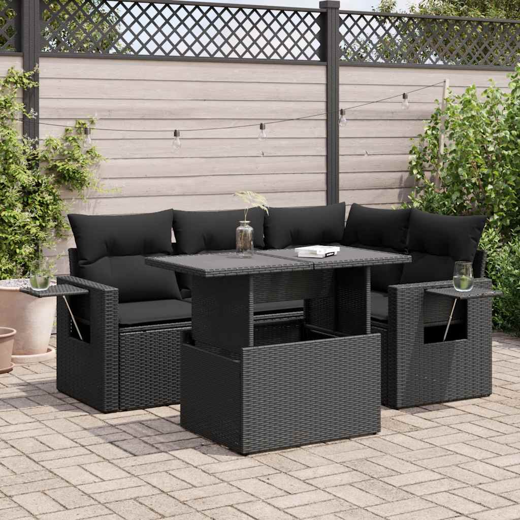 Set mobilier de grădină cu perne, 5 piese, negru, poliratan