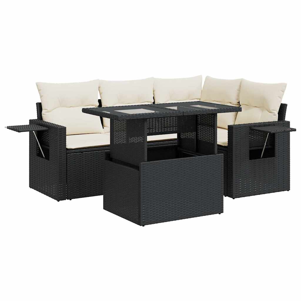 Set mobilier de grădină cu perne, 5 piese, negru, poliratan