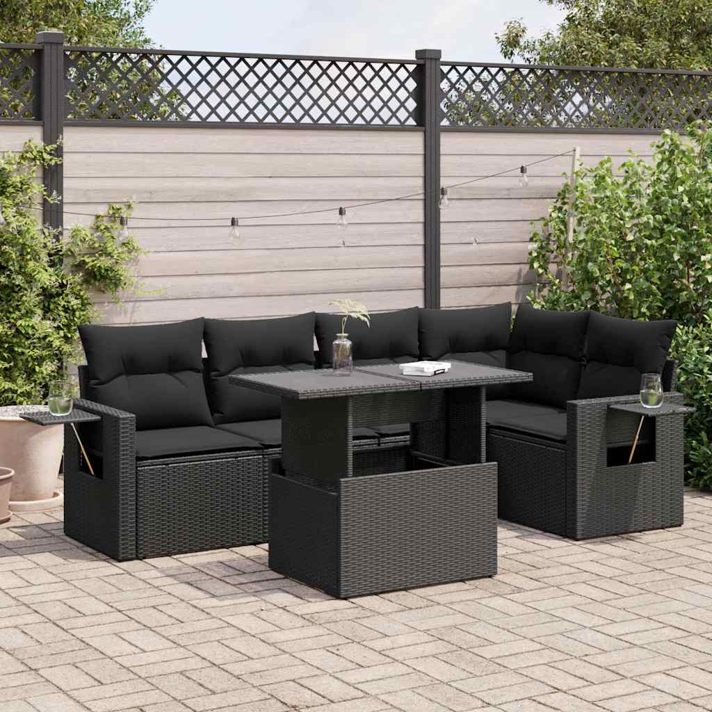 Set mobilier de grădină cu perne, 6 piese, negru, poliratan