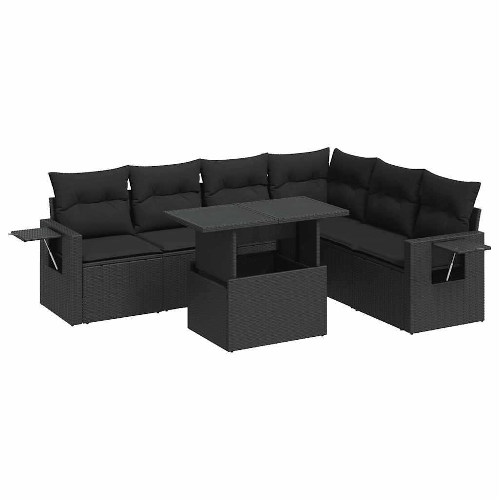 Set canapele de grădină cu perne, 7 piese, negru, poliratan