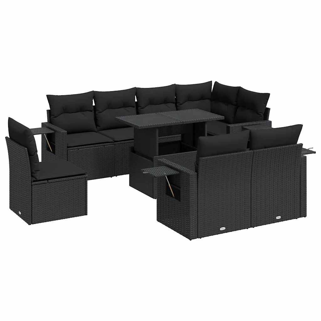 Set mobilier de grădină cu perne, 9 piese, negru, poliratan