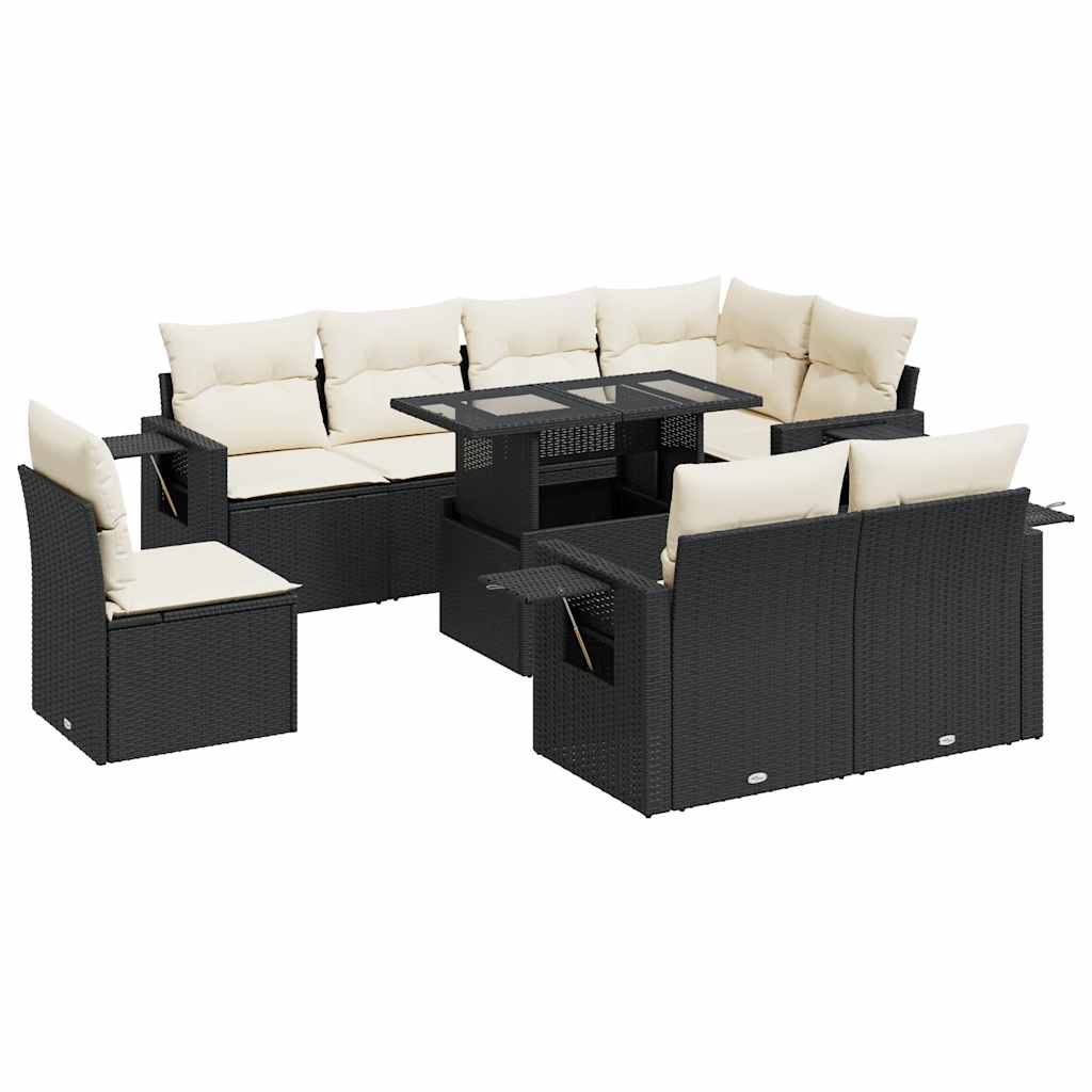 Set mobilier de grădină cu perne, 9 piese, negru, poliratan