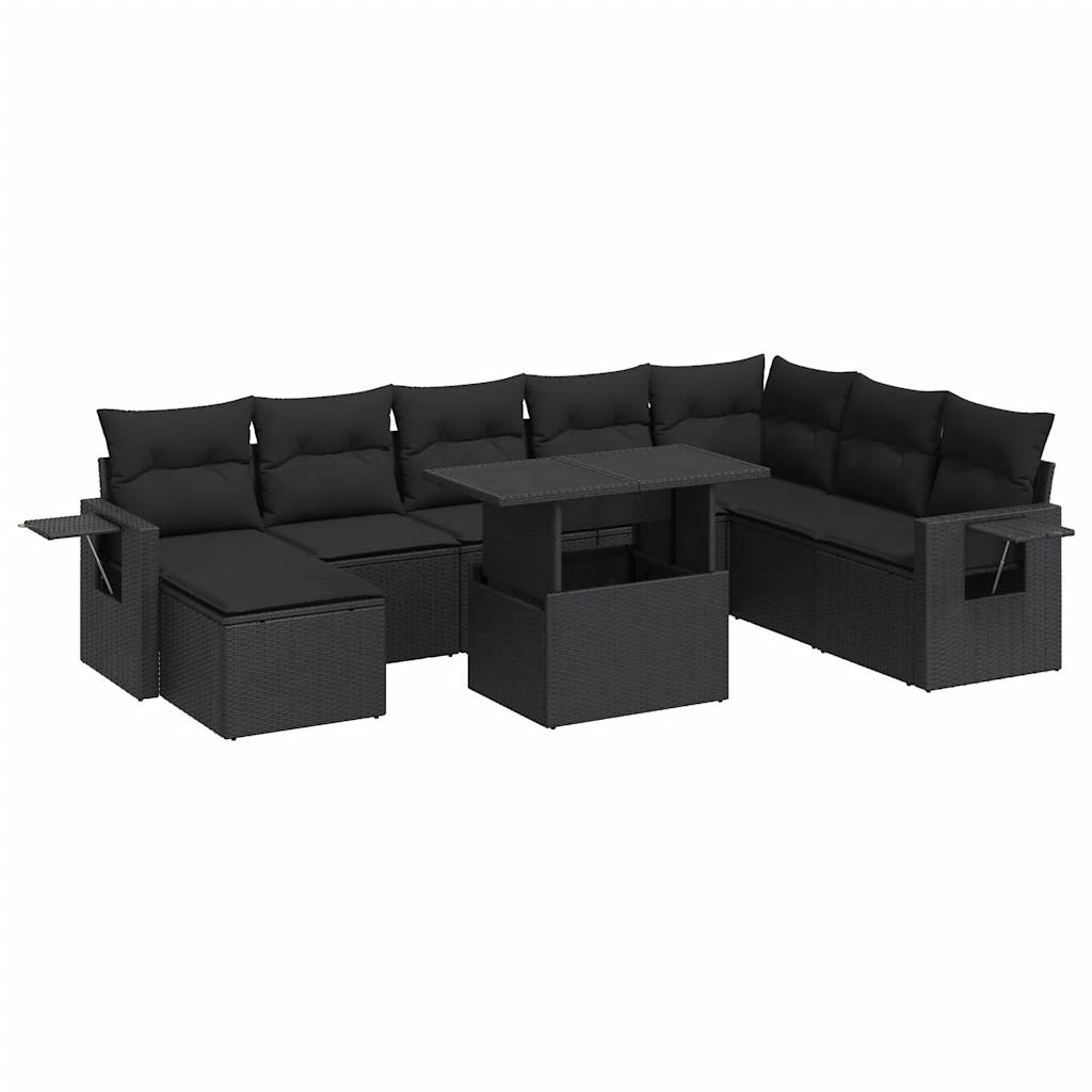 Set mobilier de grădină cu perne, 9 piese, negru, poliratan