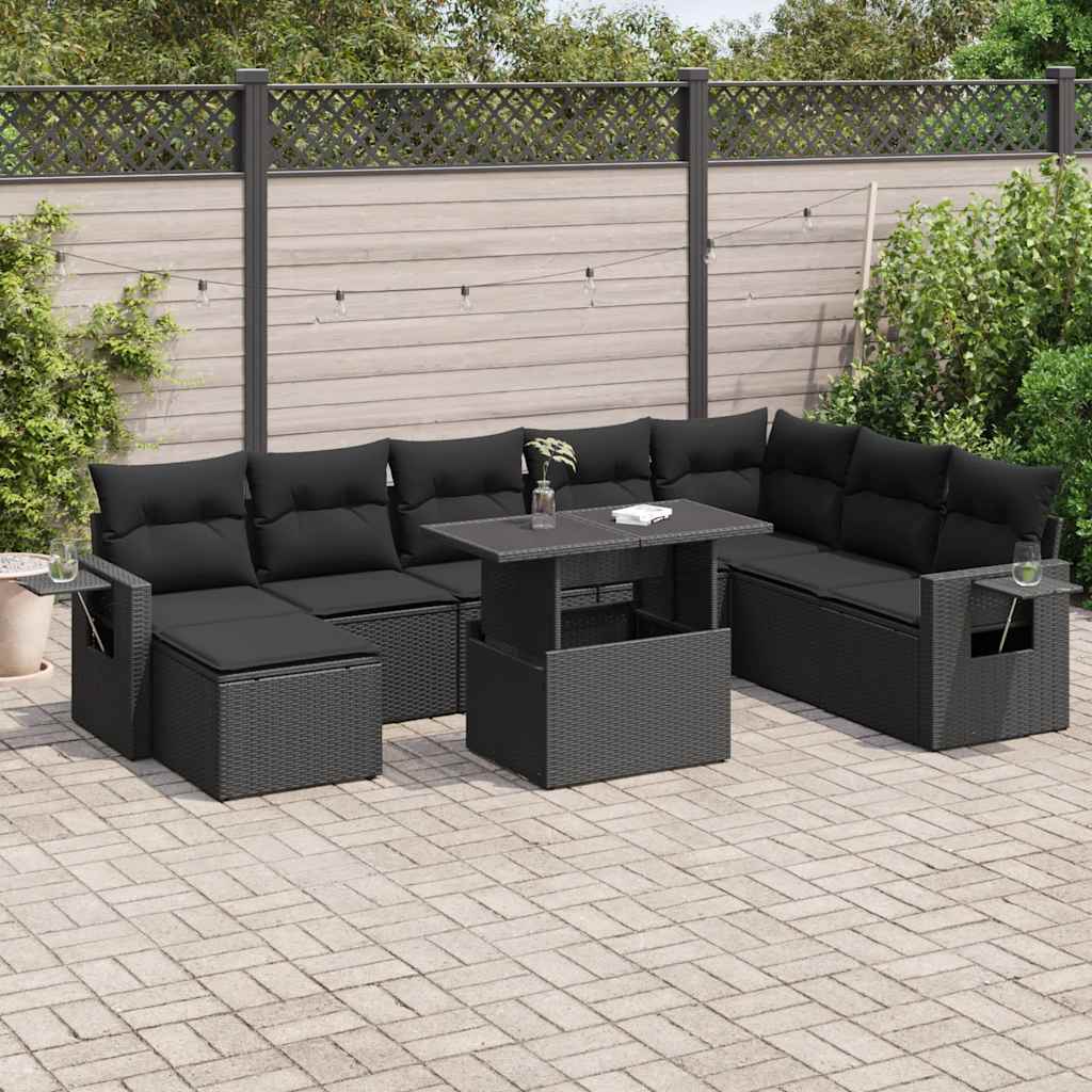 Set mobilier de grădină cu perne, 9 piese, negru, poliratan