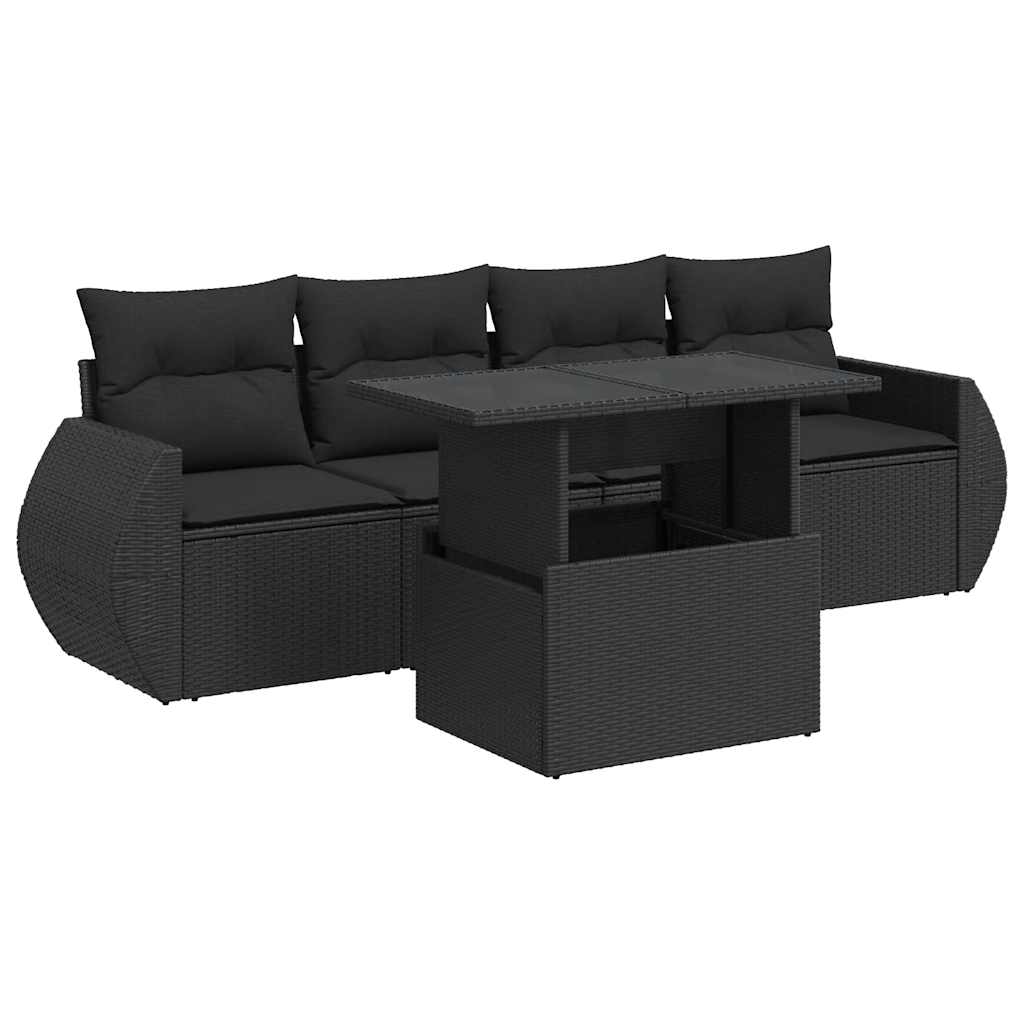 Set mobilier de grădină cu perne, 5 piese, negru, poliratan