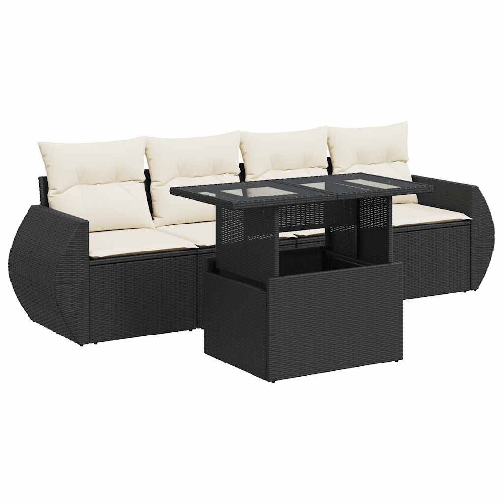 Set mobilier de grădină cu perne, 5 piese, negru, poliratan