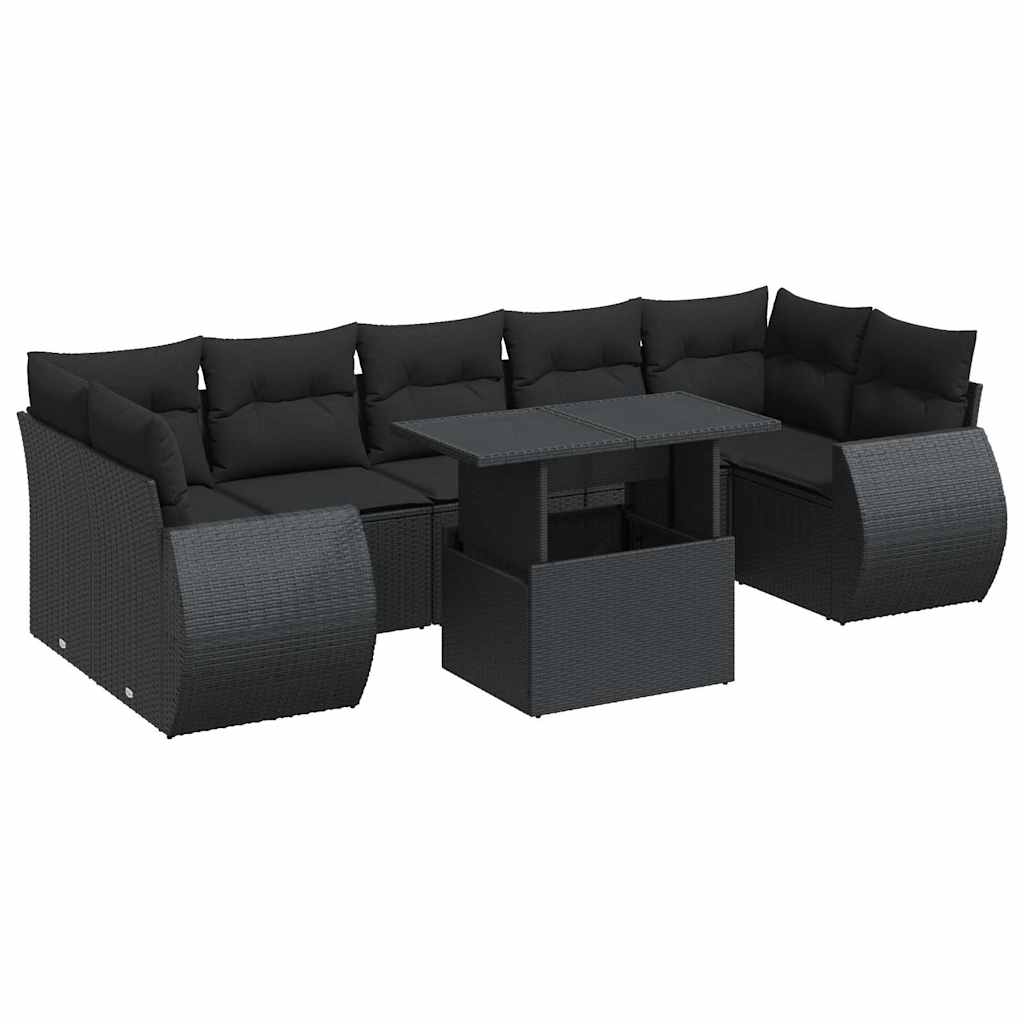 Set mobilier de grădină cu perne, 8 piese, negru, poliratan