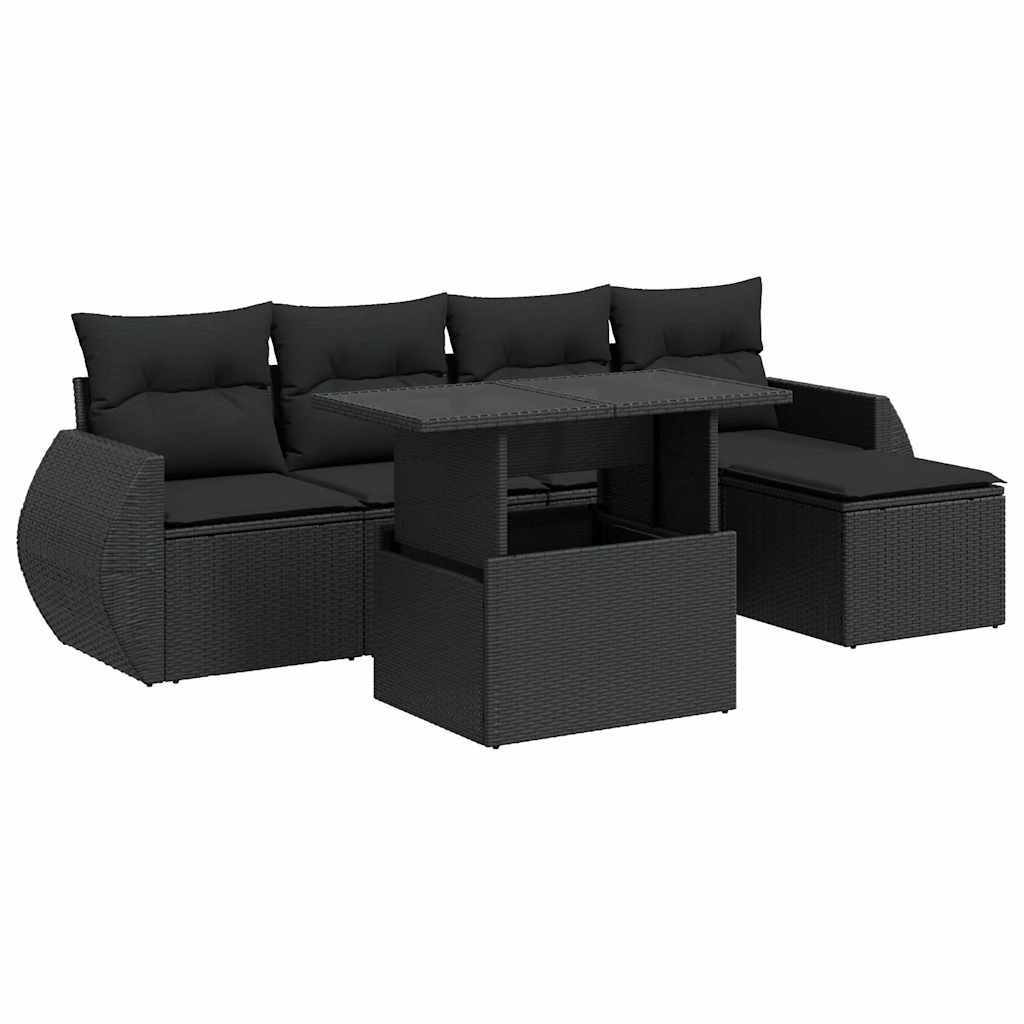 Set mobilier de grădină cu perne, 6 piese, negru, poliratan