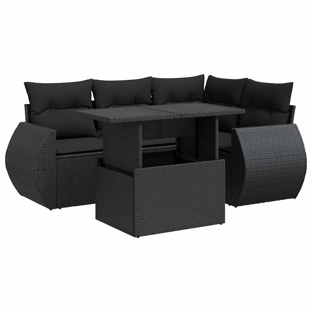 Set mobilier de grădină cu perne, 5 piese, negru, poliratan