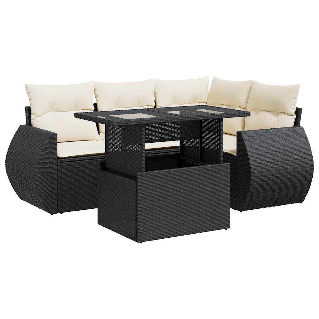 Set mobilier de grădină cu perne, 5 piese, negru, poliratan