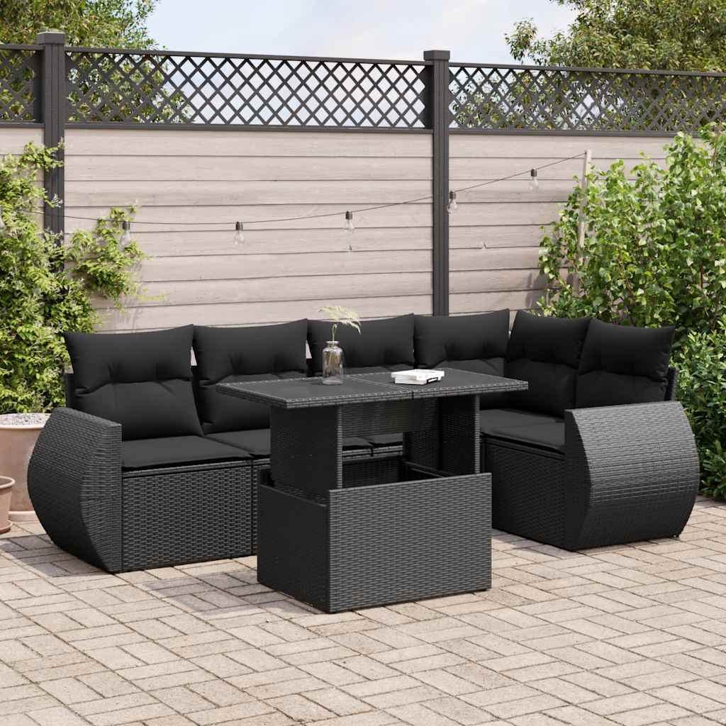 Set mobilier de grădină cu perne, 6 piese, negru, poliratan