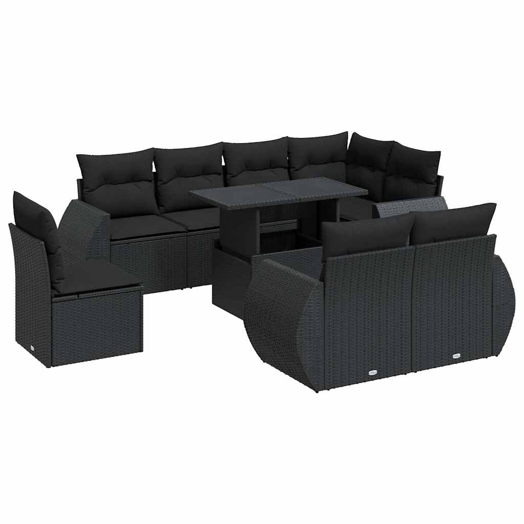 Set mobilier de grădină cu perne, 9 piese, negru, poliratan