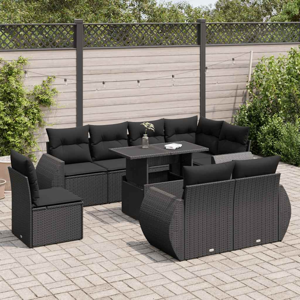 Set mobilier de grădină cu perne, 9 piese, negru, poliratan